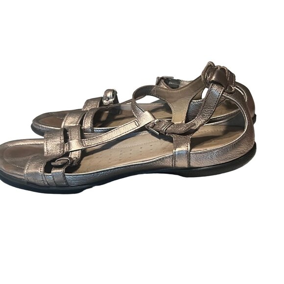 Ecco Pewter / Metallic Charcoal Gray T Strap Sandals Women's Size 38 7 7.5 Good - Picture 6 of 11